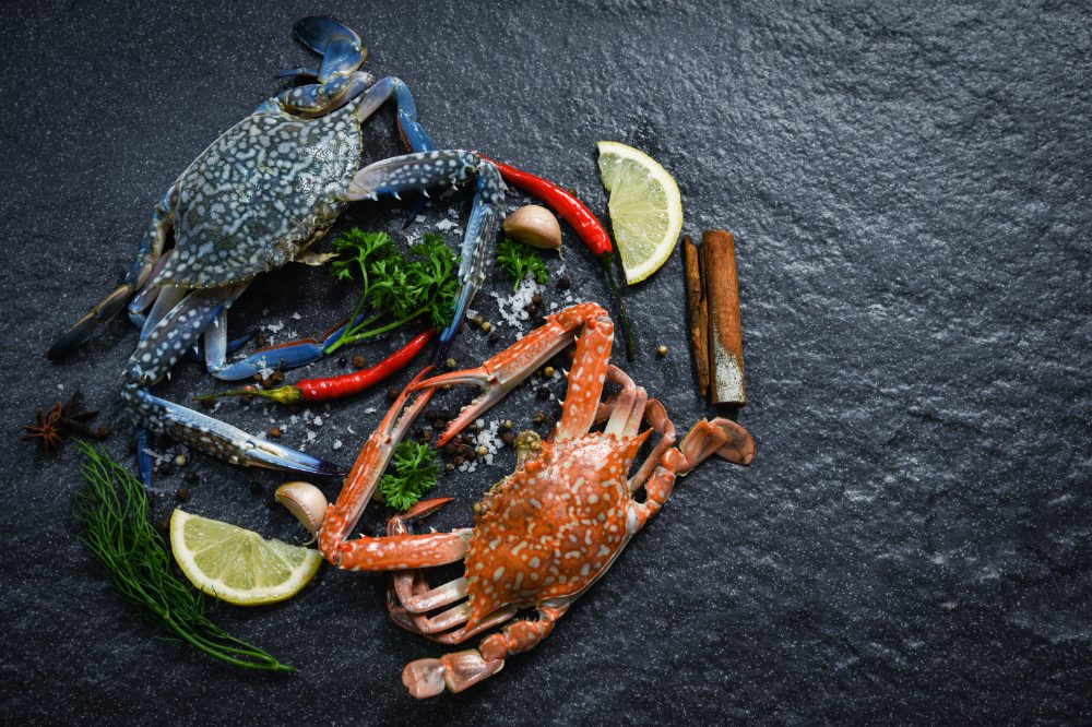 Green and cooked crab with herbs, spices, chilli, and lemon on a slate background