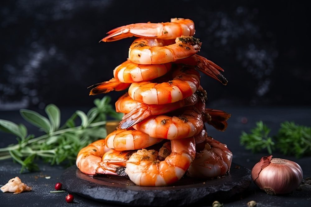 Stack of freshly cooked tiger prawns with herbs and spices